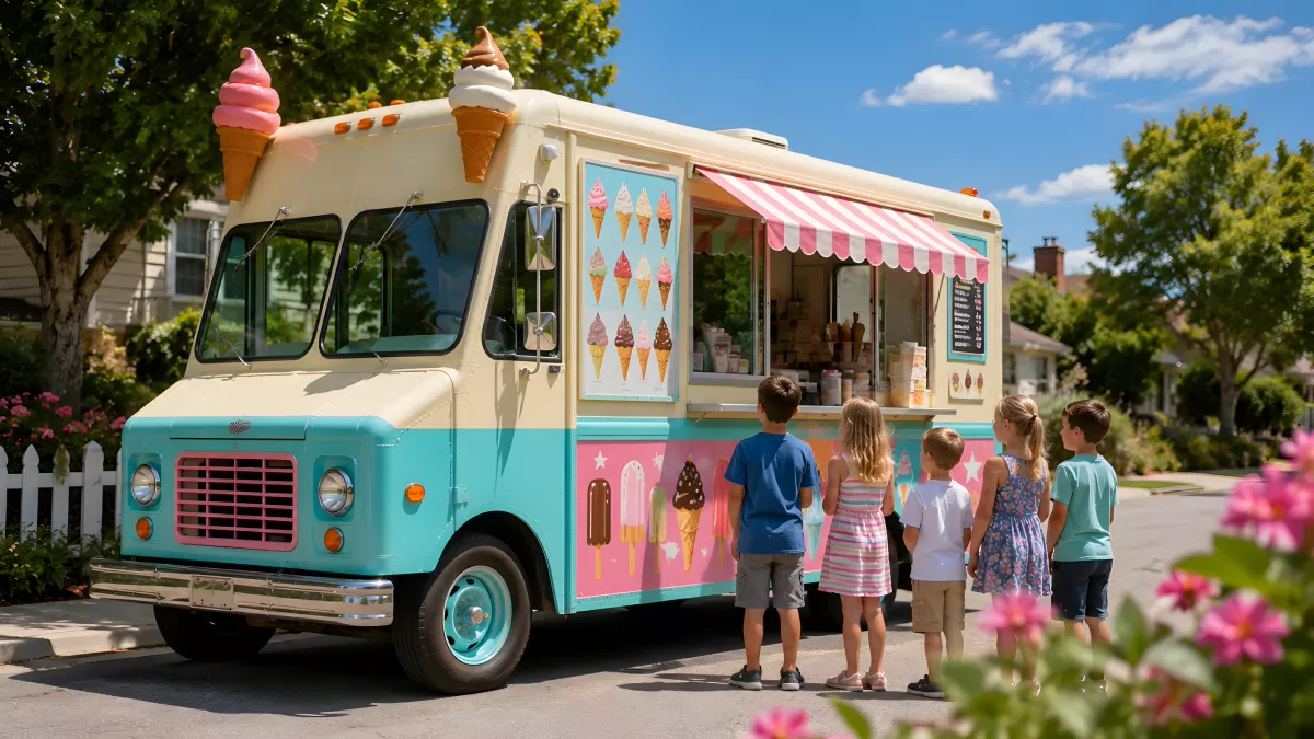 Kinder kaufen Eis am bunten Eiswagen im Sommer