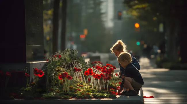 Kinder legen Mohnblumen am Denkmal nieder