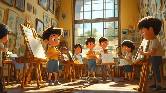 Kinder lernen Malen und Zeichnen im Kunstunterricht