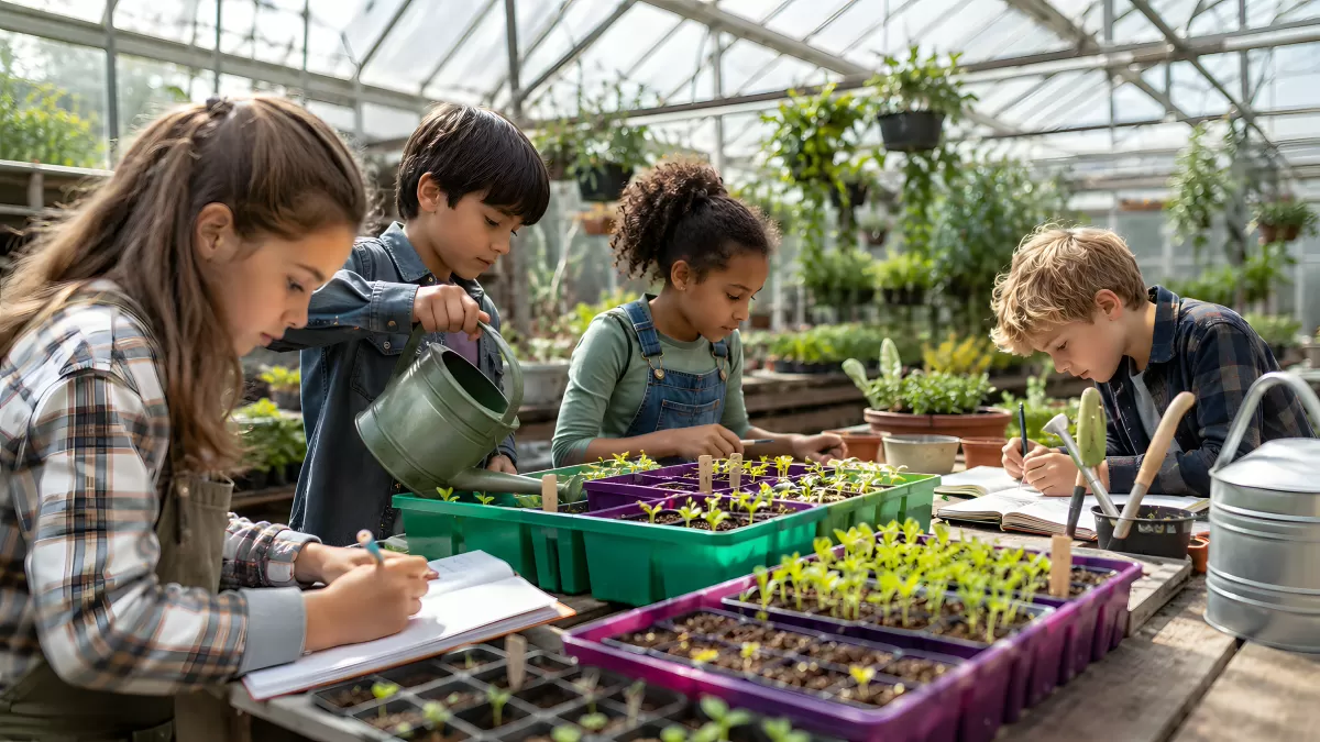 Kinder lernen Pflanzenkunde im Gewächshaus