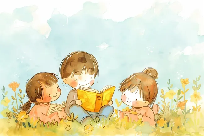 Kinder lesen zusammen Buch in blühender Wiese