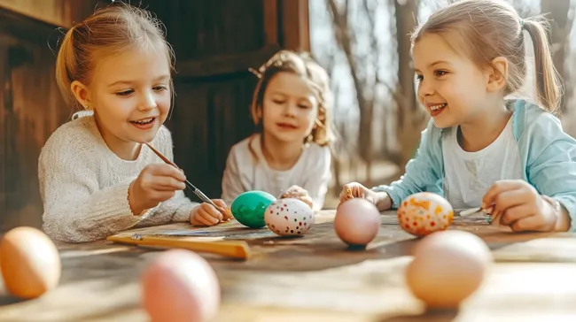 Kinder malen bunte Ostereier in sonniger Umgebung