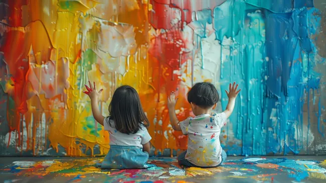 Kinder malen farbenfrohe Leinwand in Kreativwerkstatt