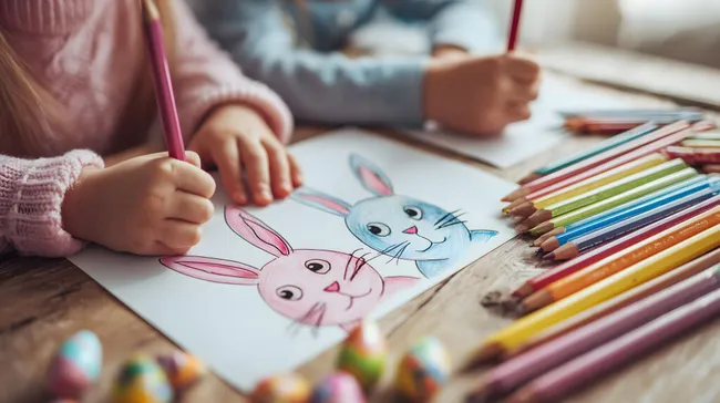 Kinder malen Osterhasen mit Buntstiften auf Holztisch