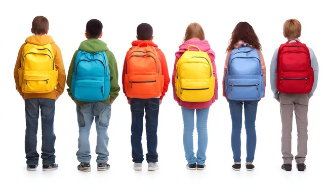 Kinder mit bunten Rucksäcken vor weißem Hintergrund