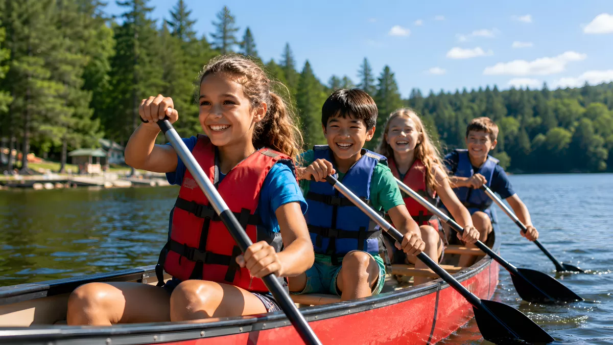Kinder paddeln lachend im Kanu auf einem See