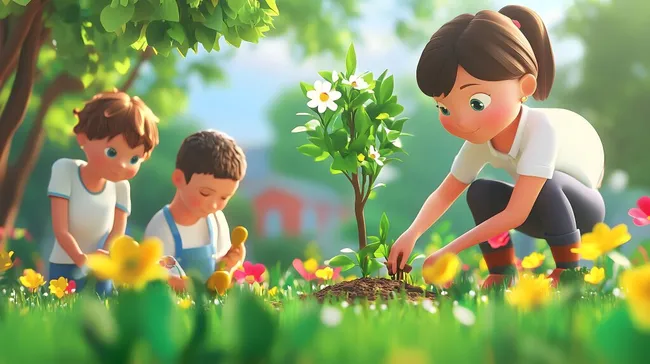 Kinder pflanzen Baum in sonnigem Schulgarten