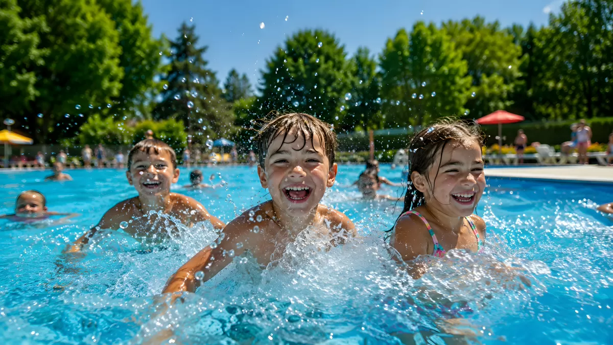 Kinder plantschen ausgelassen im Freibad im Sommer