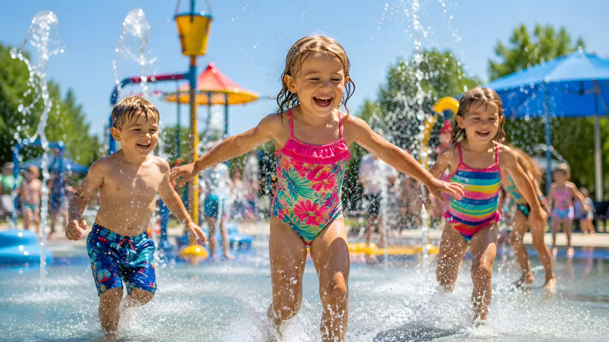 Kinder plantschen lachend im Wasserpark im Sommer