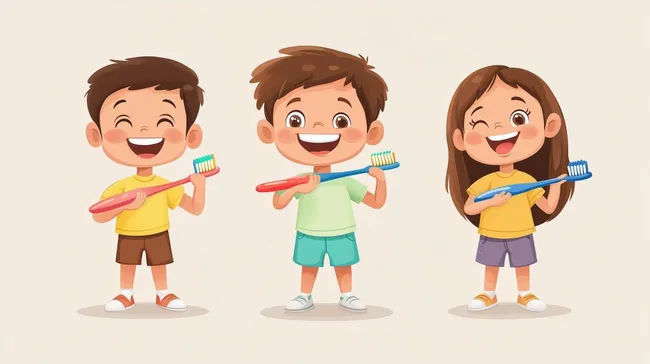 Kinder putzen fröhlich Zähne mit Zahnbürsten