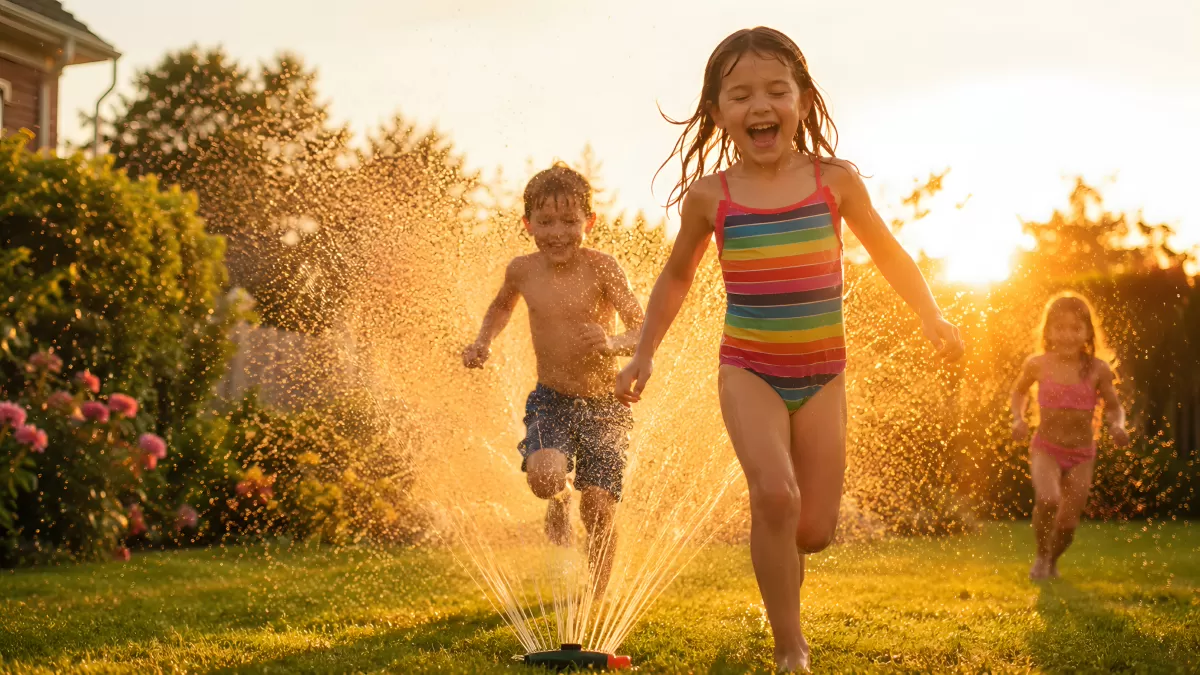 Kinder rennen ausgelassen durch den Gartensprinkler