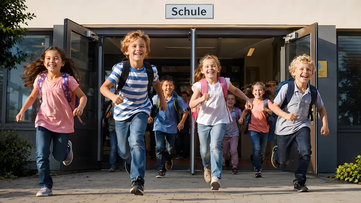 Kinder rennen lachend aus der Schule heraus