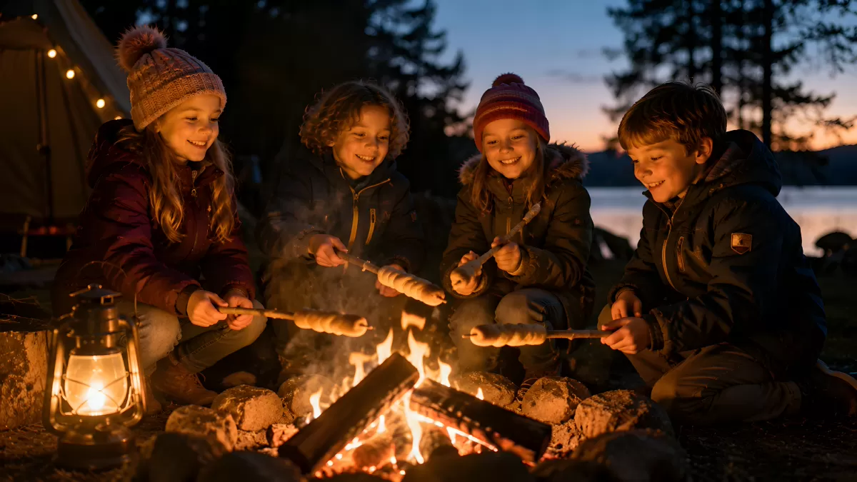 Kinder rösten Marshmallows am Lagerfeuer beim Camping