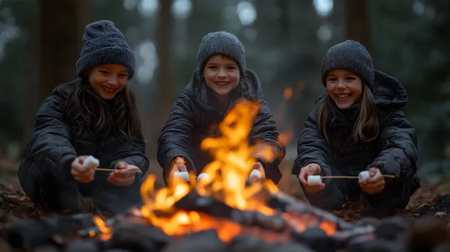 Kinder rösten Marshmallows am Lagerfeuer im verschneiten Wald