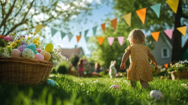 Kinder sammeln bunte Ostereier im Garten