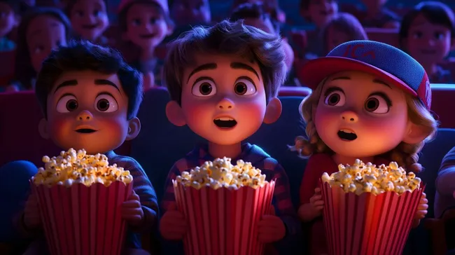 Kinder schauen Film und essen Popcorn im Kino