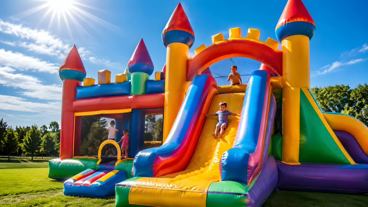 Kinder spielen auf bunter Hüpfburg mit Rutsche