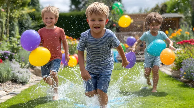 Kinder spielen ausgelassen mit Wasserballons im Garten