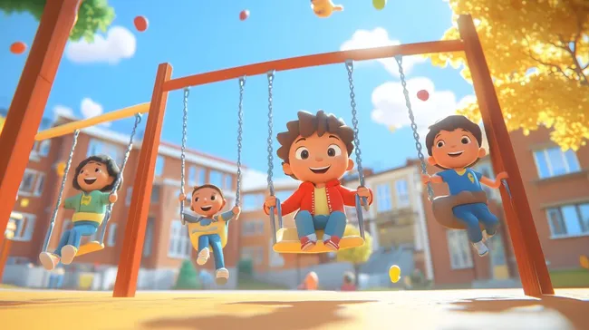 Kinder spielen fröhlich auf Schulhofschaukeln