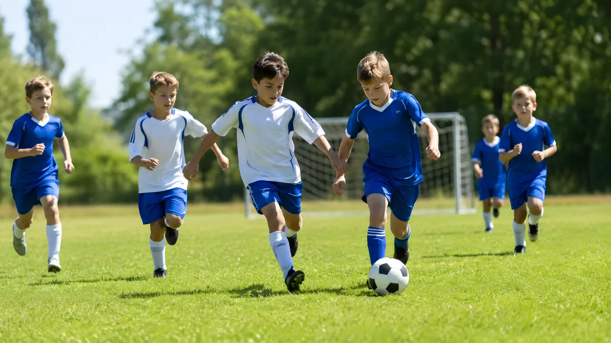 Kinder spielen Fußball auf grünem Rasenplatz