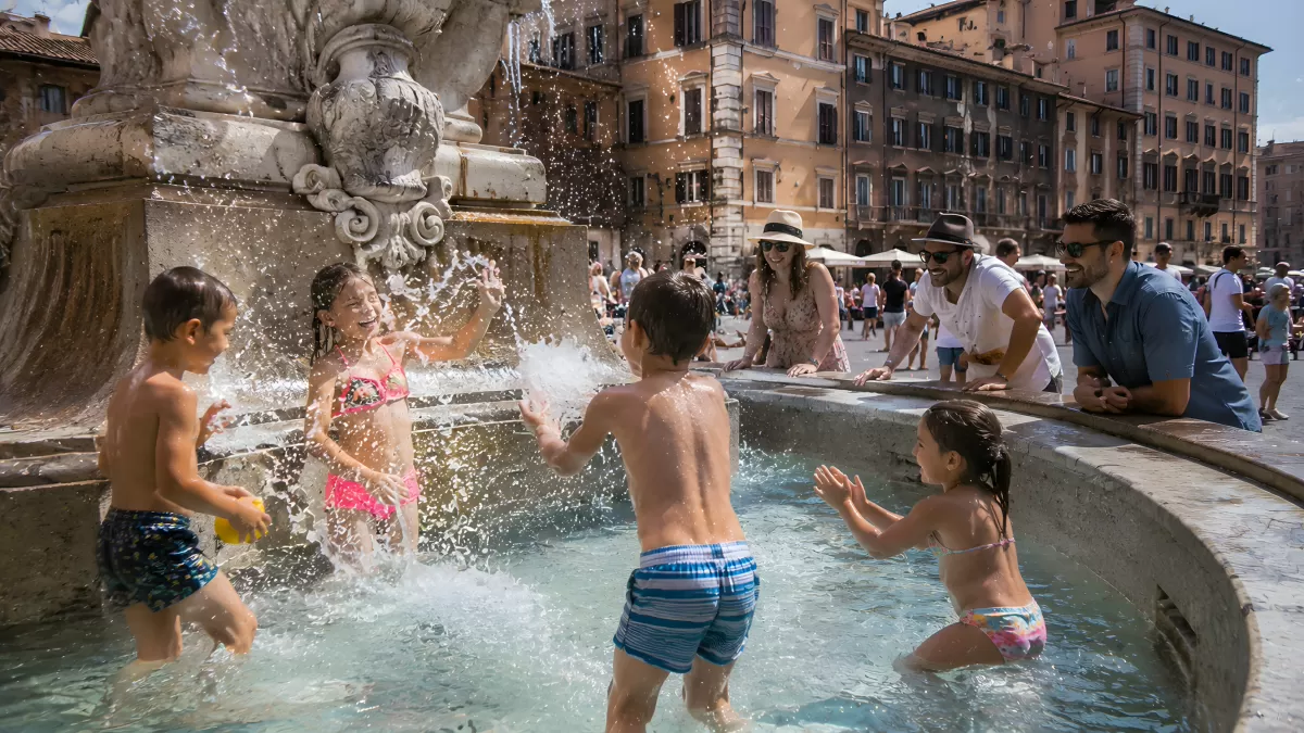 Kinder spielen in einem Brunnen auf einem Stadtplatz
