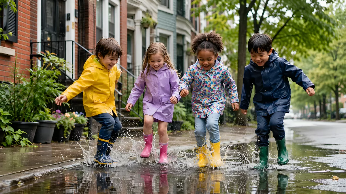 Kinder spielen lachend in Pfützen im Regen