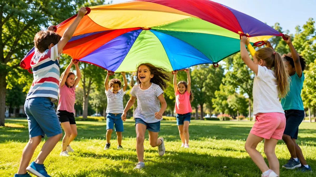Kinder spielen mit buntem Fallschirm im Park