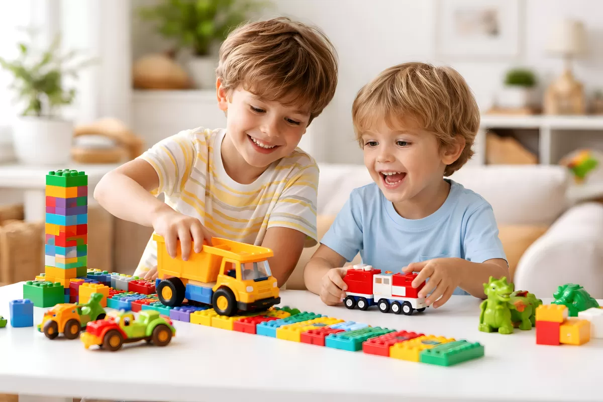 Kinder spielen mit bunten Spielzeugautos und Klemmbausteinen