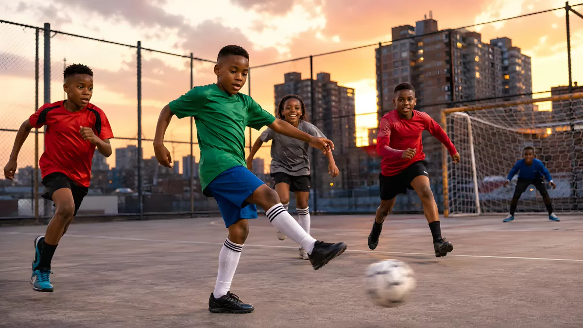 Kinder spielen Straßenfußball bei Sonnenuntergang