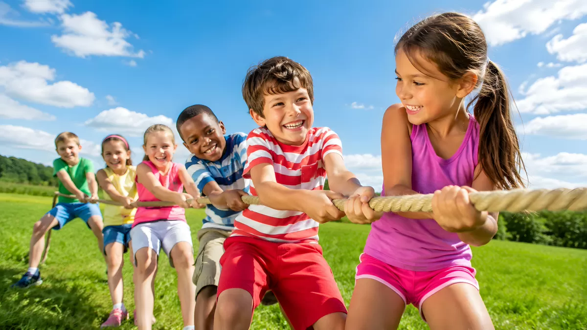 Kinder spielen Tauziehen auf grüner Wiese