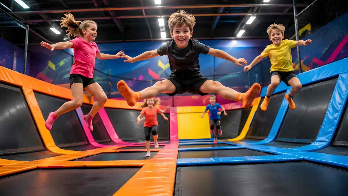 Kinder springen ausgelassen in einem Trampolinpark