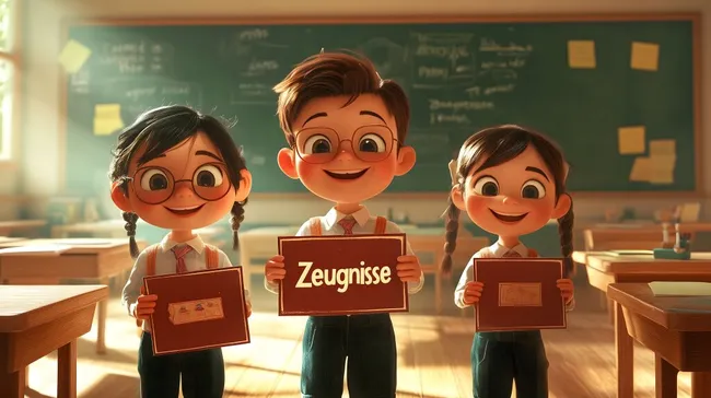 Kinder stolz auf ihre Schulzeugnisse im Klassenraum