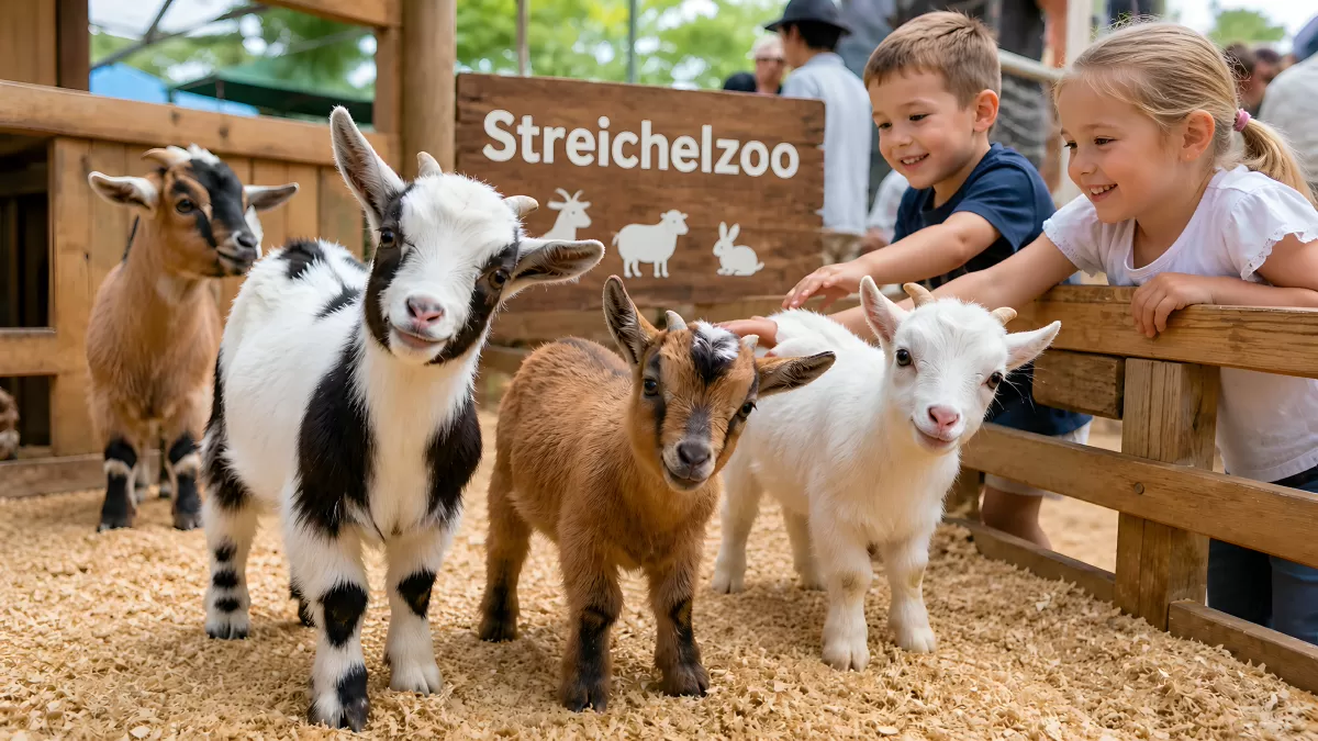 Kinder streicheln Ziegenböcke im Streichelzoo