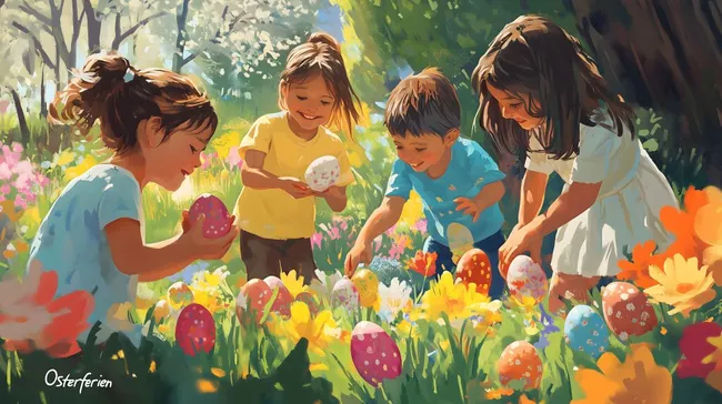 Kinder suchen bunte Ostereier im Frühlingsgarten