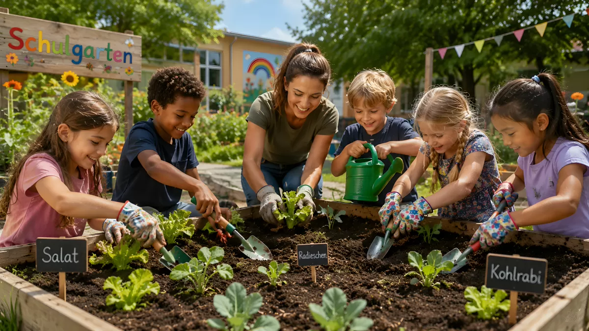 Kinder und Lehrerin im Schulgarten beim Gärtnern