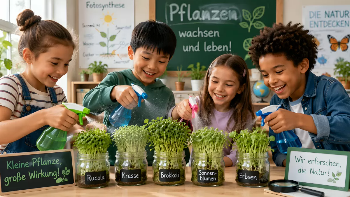 Kinder züchten Kresse und Sprossen im Unterricht