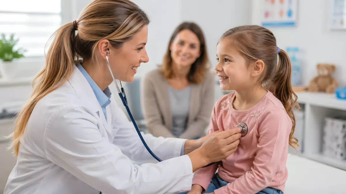 Kinderärztin untersucht Mädchen mit Stethoskop