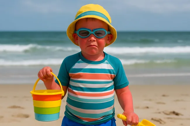 Kinderfoto am Strand mit Sonnenhut und Spielzeug