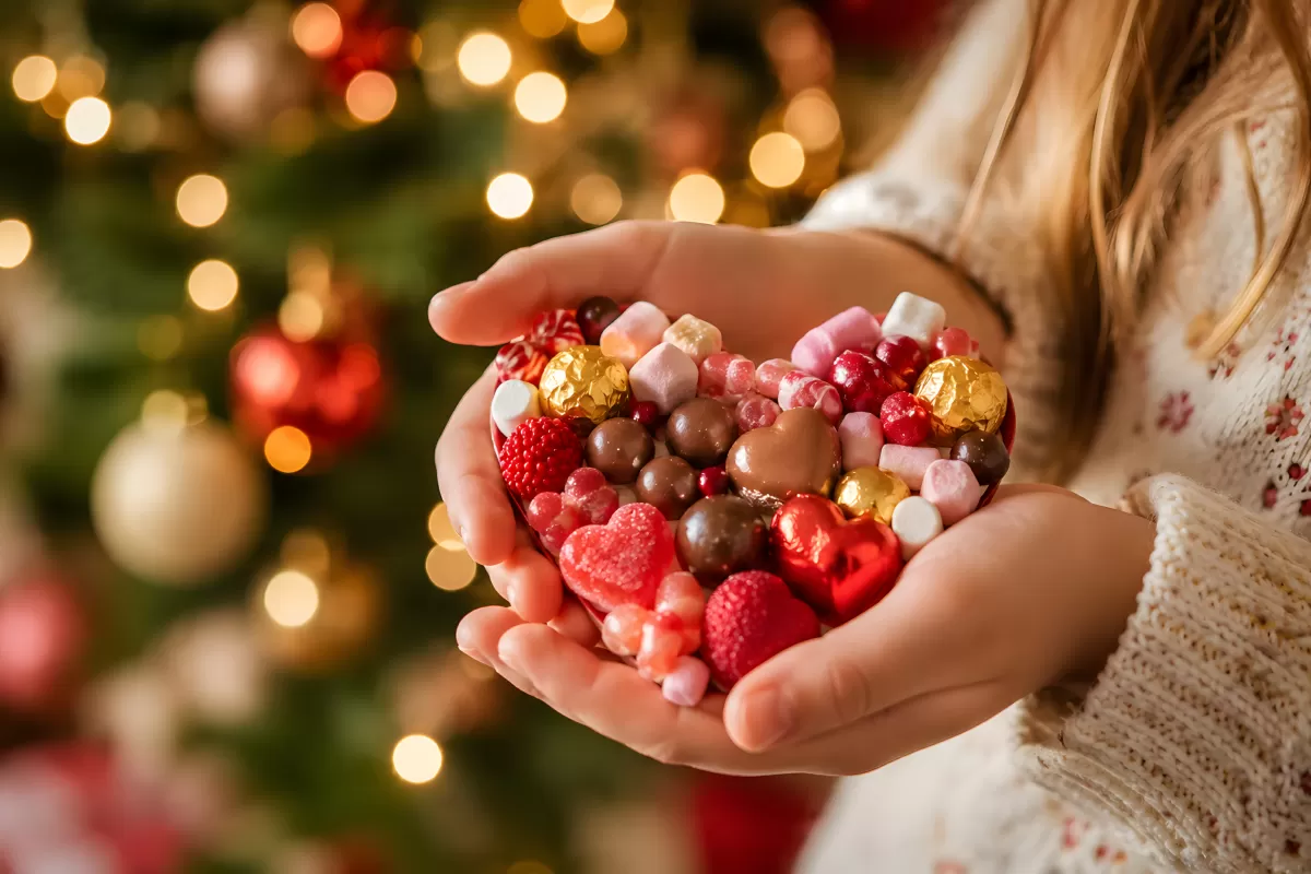 Kinderhände halten bunte Süßigkeiten vor Weihnachtsbaum