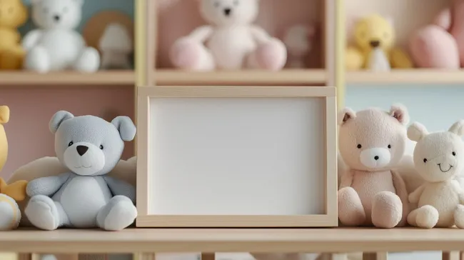 Kinderregal mit Stofftieren und leerer Bilderrahmen