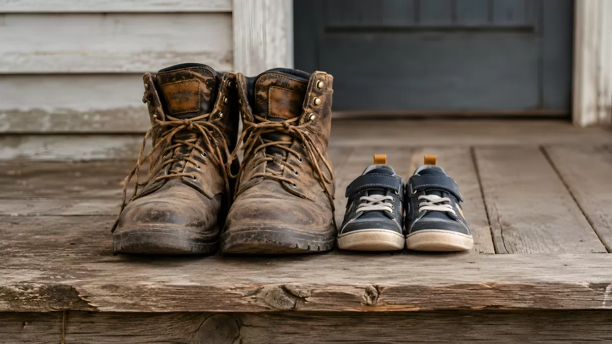 Kinderschuhe und alte Arbeitsstiefel auf Veranda