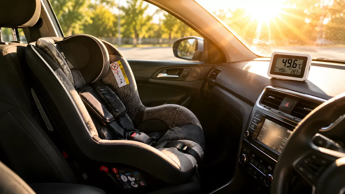 Kindersitz im heißen Auto bei 49 Grad Celsius