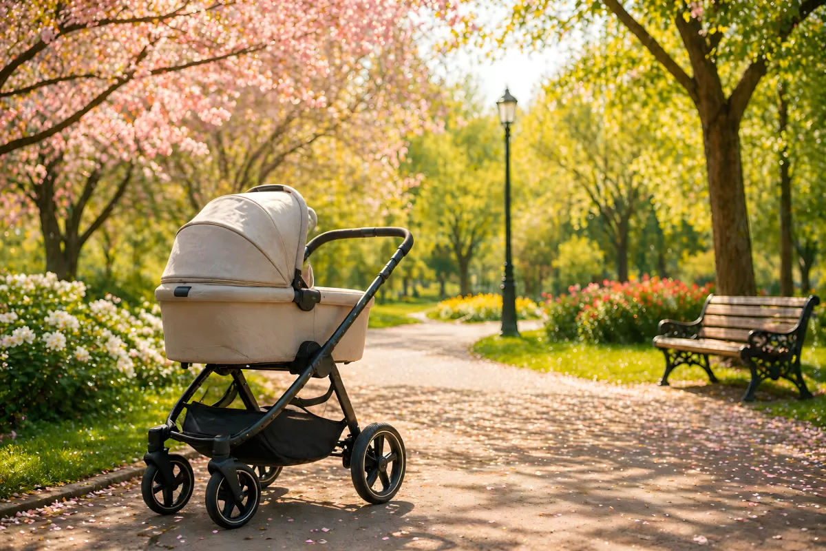 Kinderwagen im Frühling auf einem Parkweg