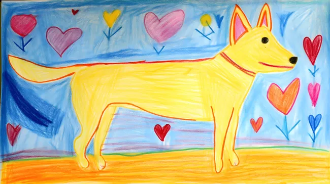 Kinderzeichnung mit gelbem Hund und bunten Herzen