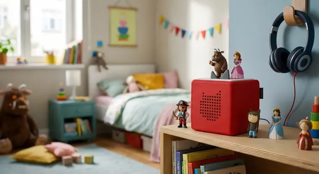 Kinderzimmer mit buntem Spiel- und Musikzubehör