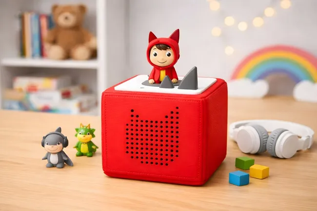 Kinderzimmer mit buntem Spielzeug und Toniebox