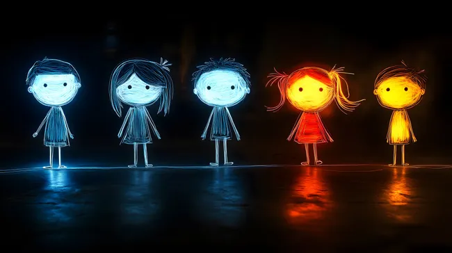 Kindheitsfantasie - Leuchtende Strichmännchen auf dunklem Grund