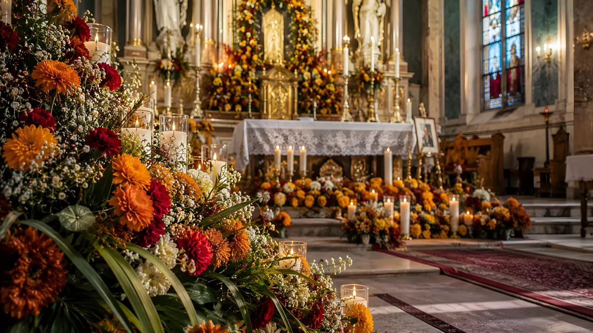 Kirchenaltar mit Herbstblumen und Kerzen geschmückt