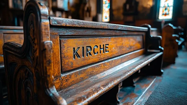 Kirchenbank mit mystischer Gravur in dunkler Kirche