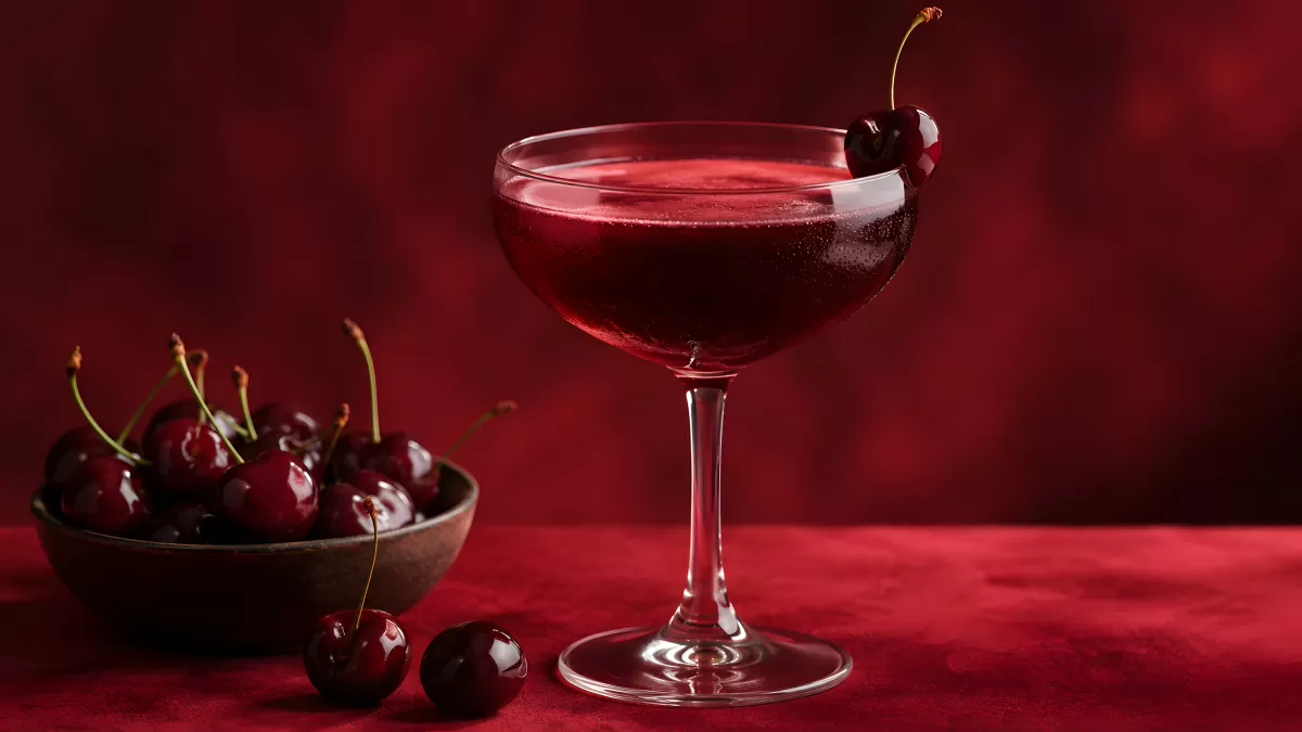 Kirsch-Cocktail im Coupéglas mit frischen Kirschen